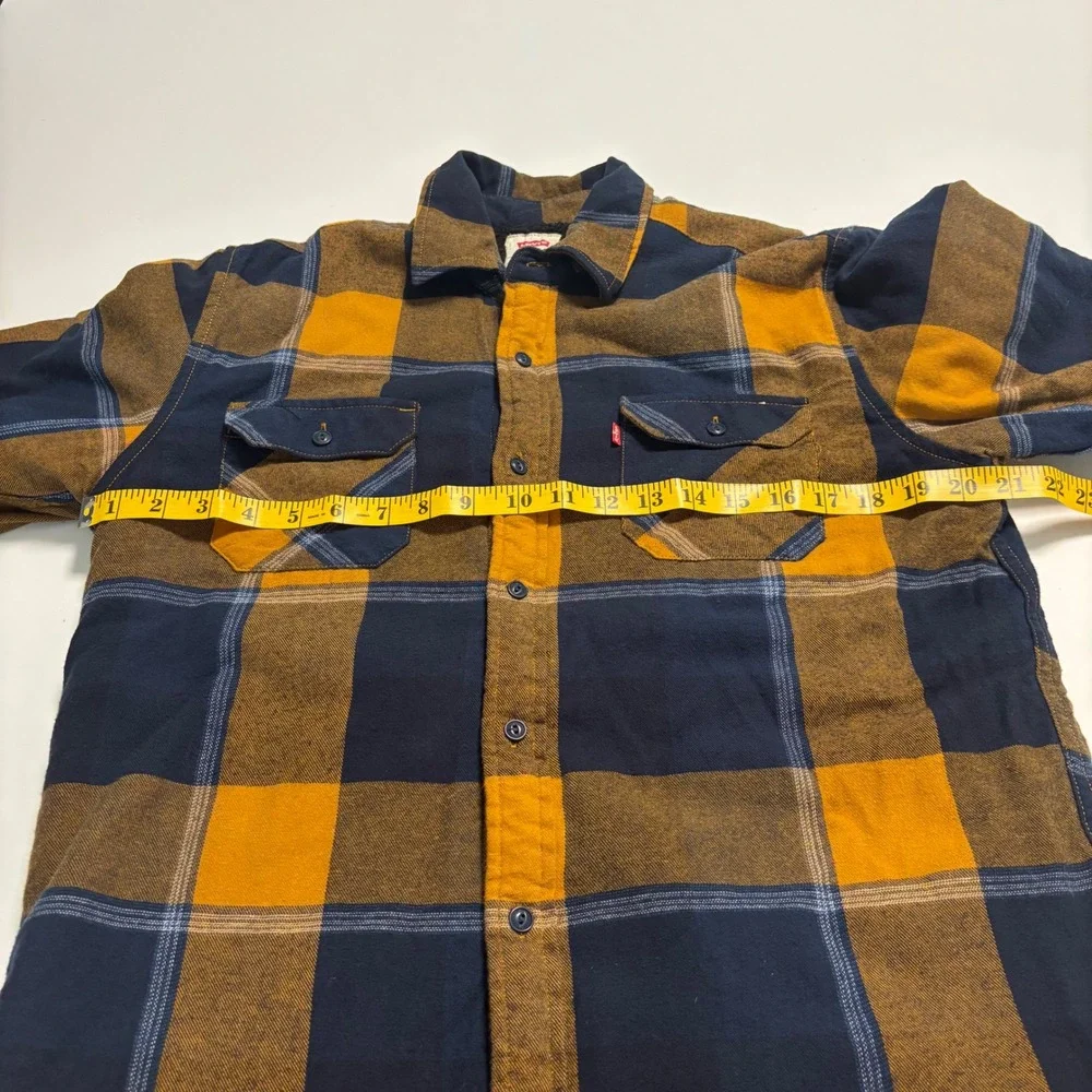 Levis Mens Sherpa Lined Flannel Shirt Jacket Plaid Yellow Navy Blue Size Small